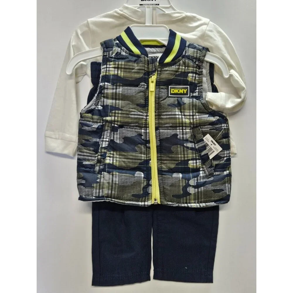 DKNY  Size 12 M Set Of 3, Green- Blue Vest/ Blue Pants/ Cream Long‎ Sleeve Print